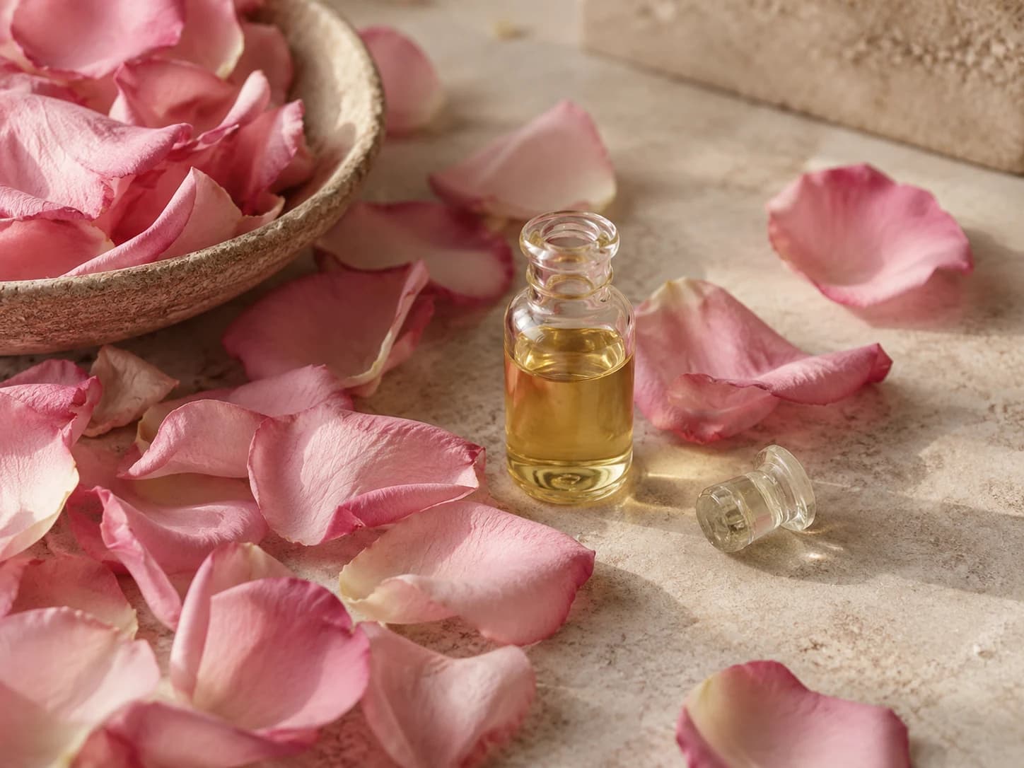 লাল ও গোলাপি গোলাপের পাশে Rose Attar-এর বোতল