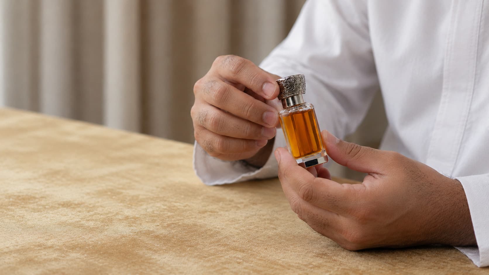A buyer carefully inspecting an attar bottle before purchase