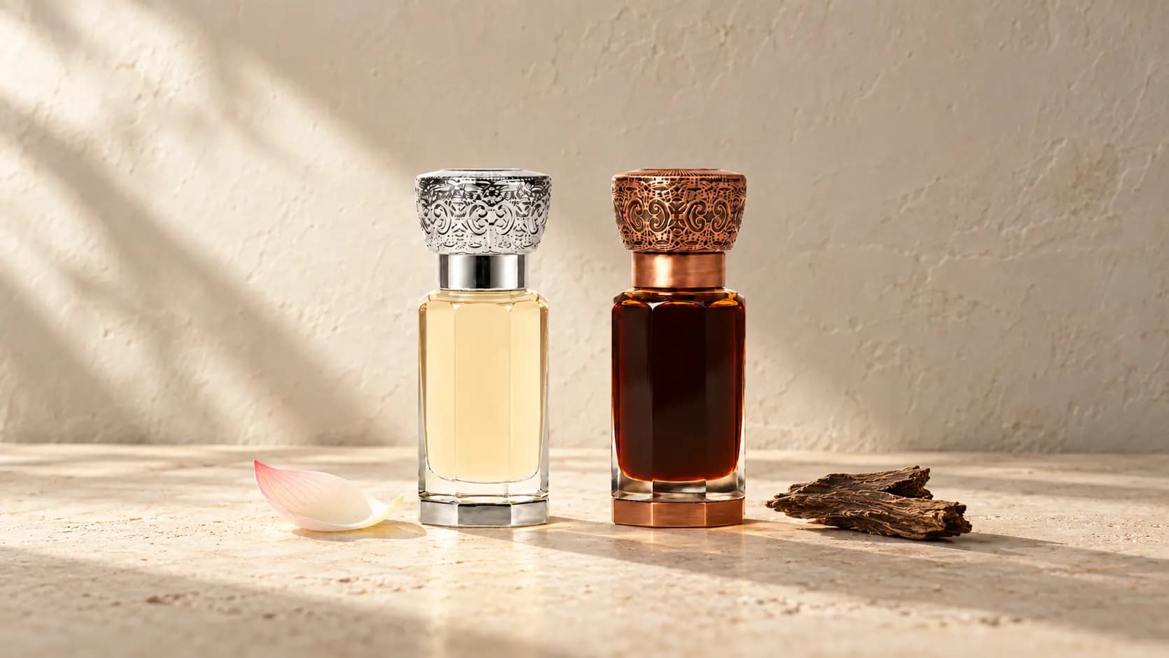AROWA Lotus and Dehn Al Oud Sylheti attar bottles