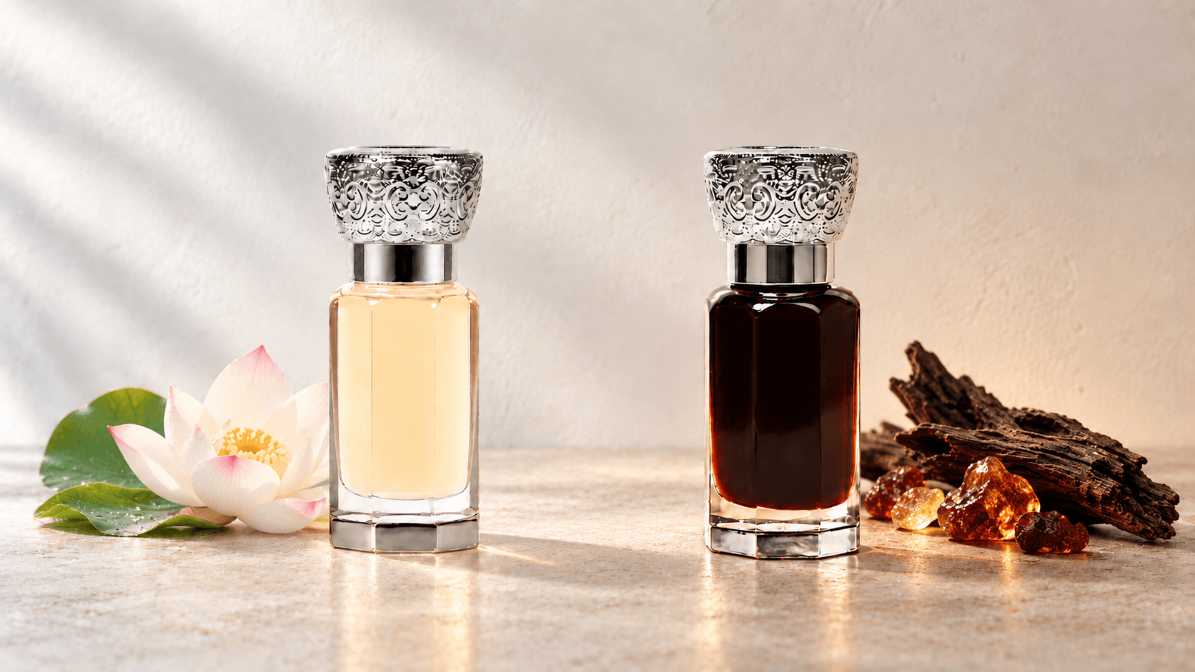 AROWA Lotus and Amber Oud attar bottles for summer and winter with a lotus flower, oud wood and amber resin
